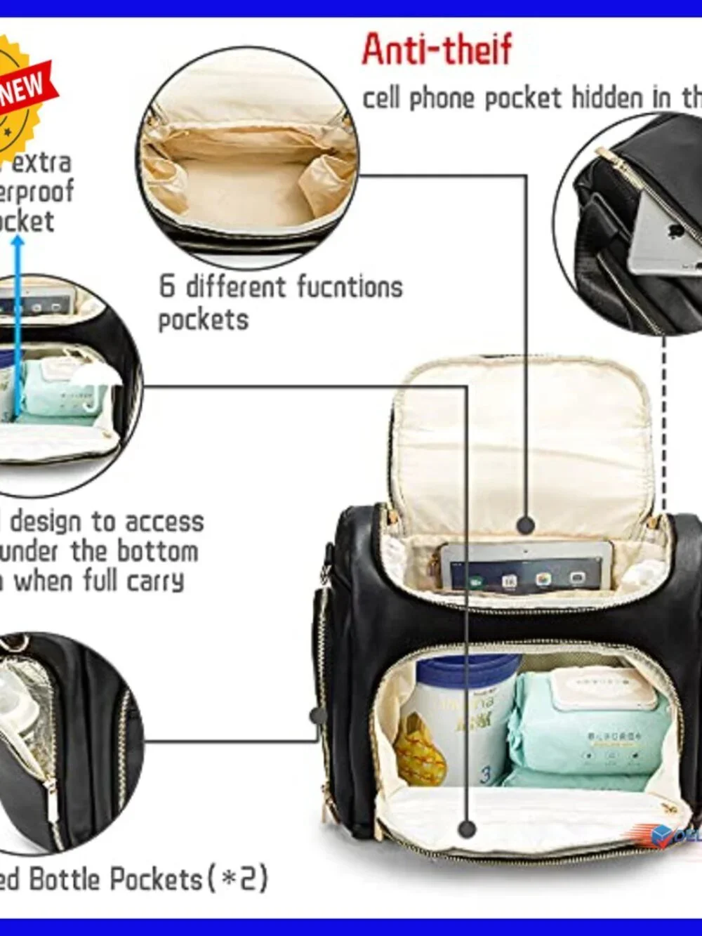 Leather Diaper Backpack with Changing Pad - Large Capacity Multi-Function Baby